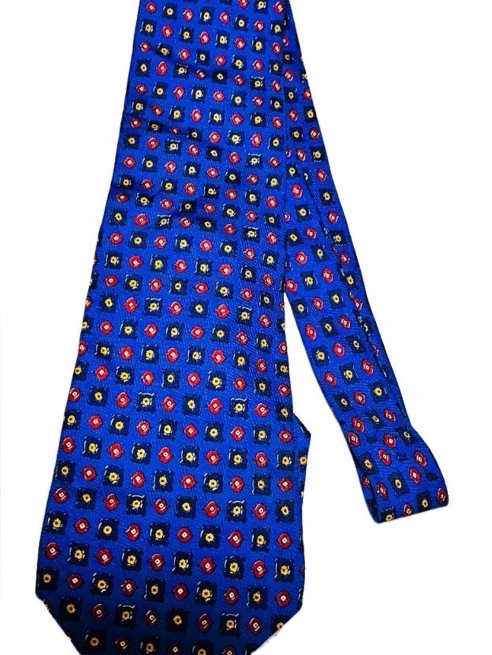 RALPH LAUREN Silk Navy Blue Red Yellow Tie Geometric Design 4” Wide 56” L Hand